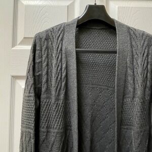 Women's Gray L/S Mixed Ridded Cabled Cardigan Sweater Duster Pockets (Approx S)